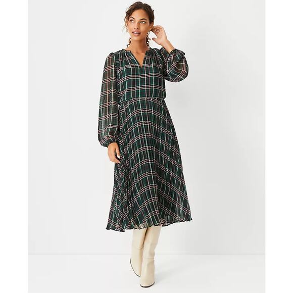 ANN TAYLOR Plaid Pleated Midi Dress Green Pink Sz 4 {W50} - Picture 1 of 8